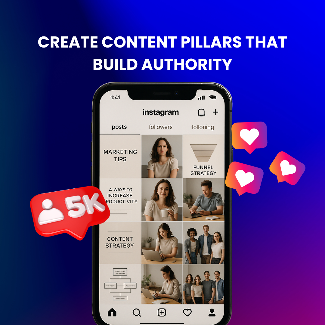 Grid layout showing three content pillars: educational posts, personal stories, and behind-the-scenes content.