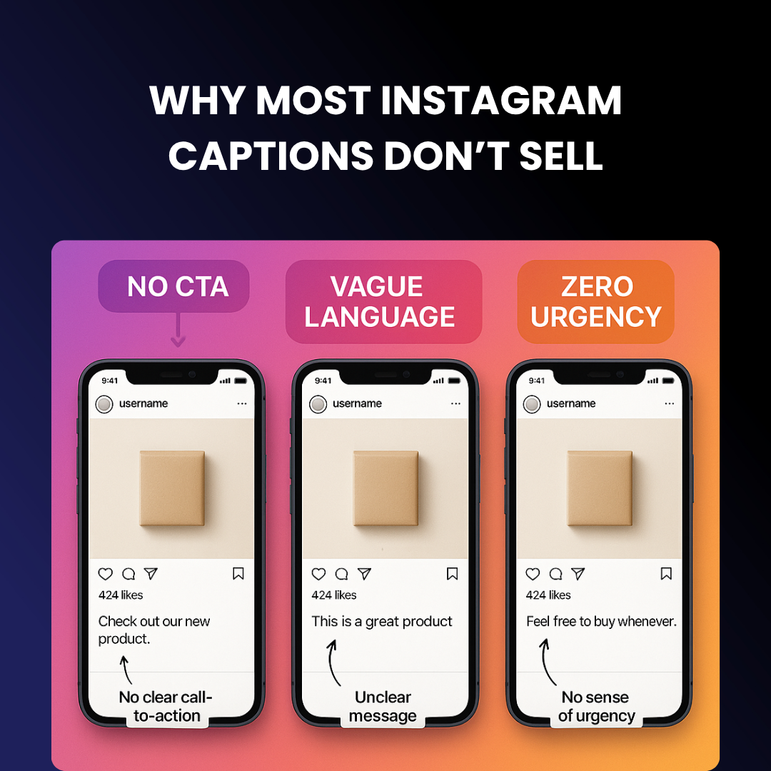 Visual showing 3 common caption mistakes — no CTA, vague language, and zero urgency