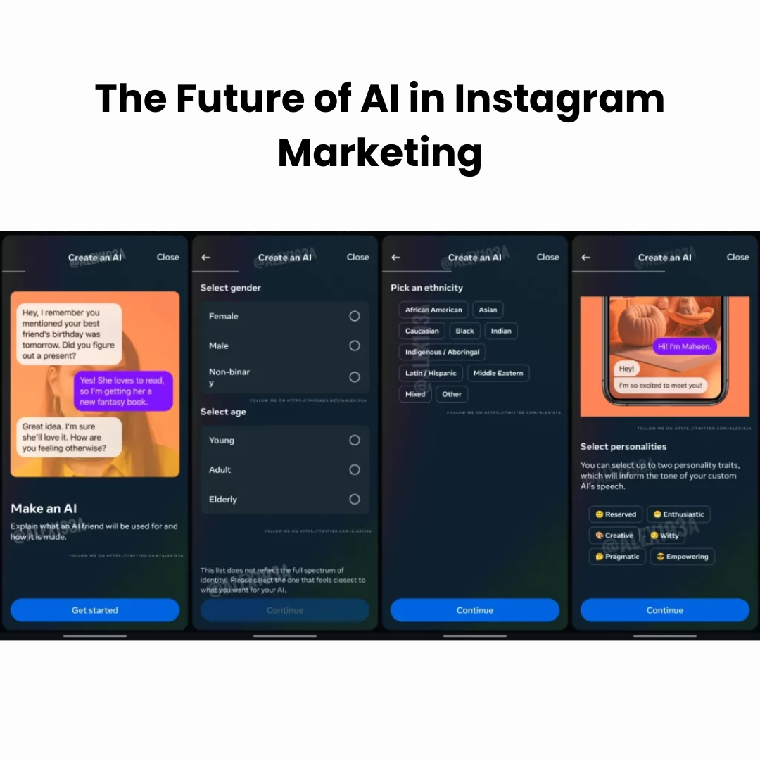 A conceptual futuristic Instagram interface displaying AI-driven predictive engagement, voice recognition responses, and cross-platform intelligence.
