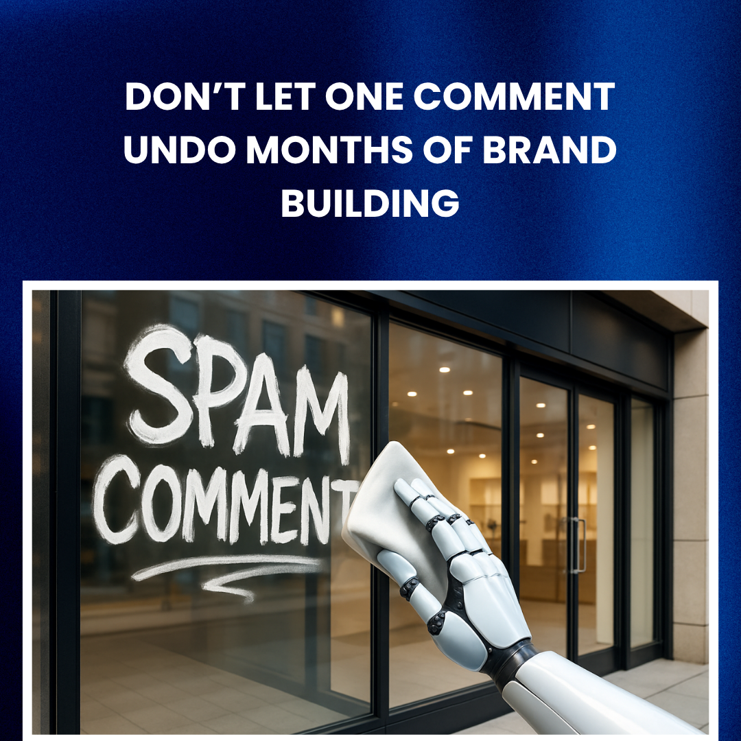 Visual metaphor showing a spam comment as a blemish on brand image, cleaned by AI moderation