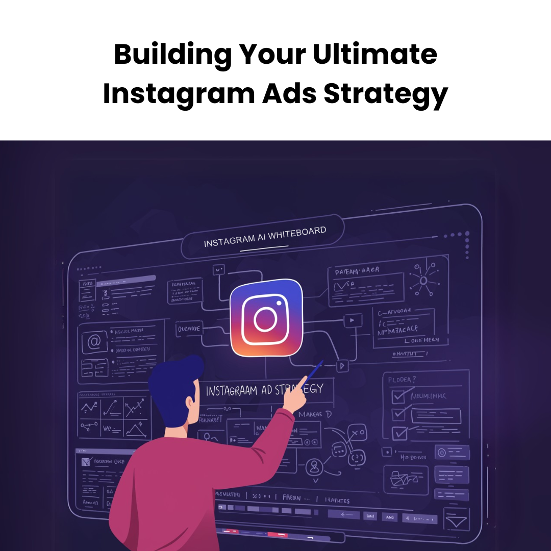A dynamic visual of a marketer presenting an Instagram ad strategy plan on a digital whiteboard. Key elements such as AI-driven targeting, engagement tactics, and retargeting strategies are highlighted, showing an integrated approach to success.