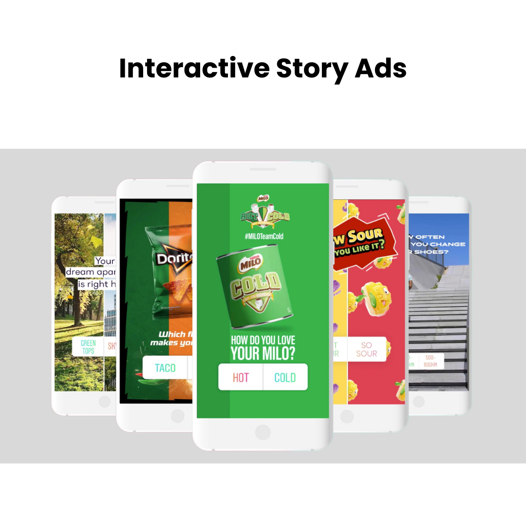 A mobile screen displaying an Instagram Story ad with an interactive poll engaging users.