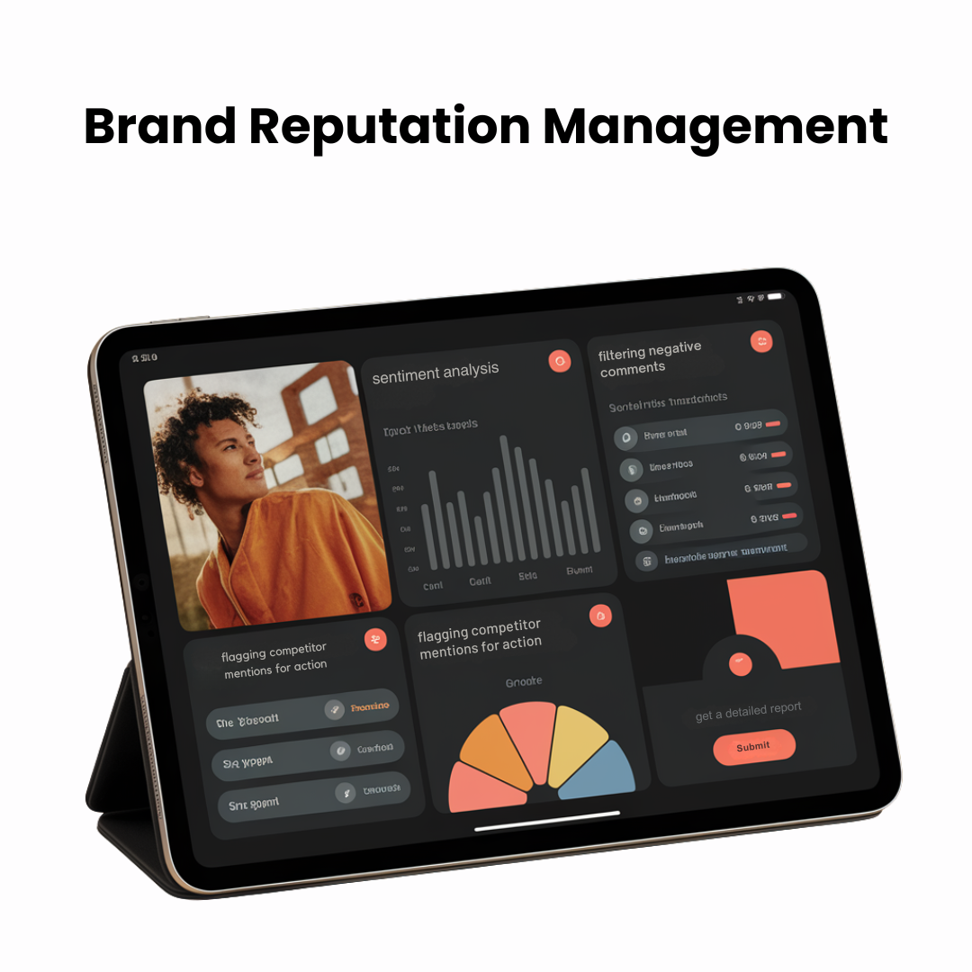 A dashboard showing AI-powered sentiment analysis, filtering negative comments, and flagging competitor mentions for action.