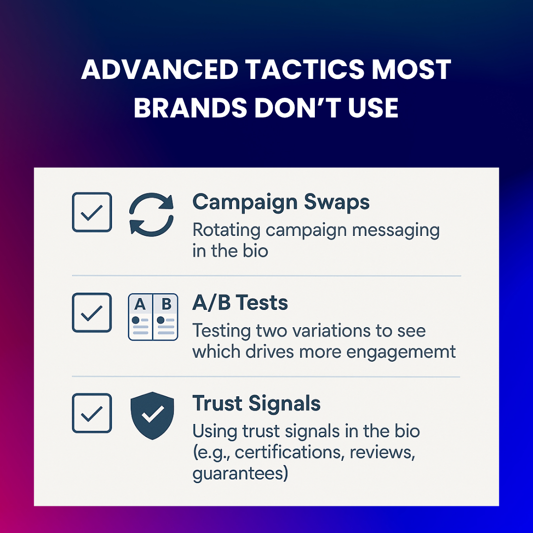 Checklist graphic of advanced Instagram bio optimization tactics including A/B testing, rotating CTAs, and using press mentions