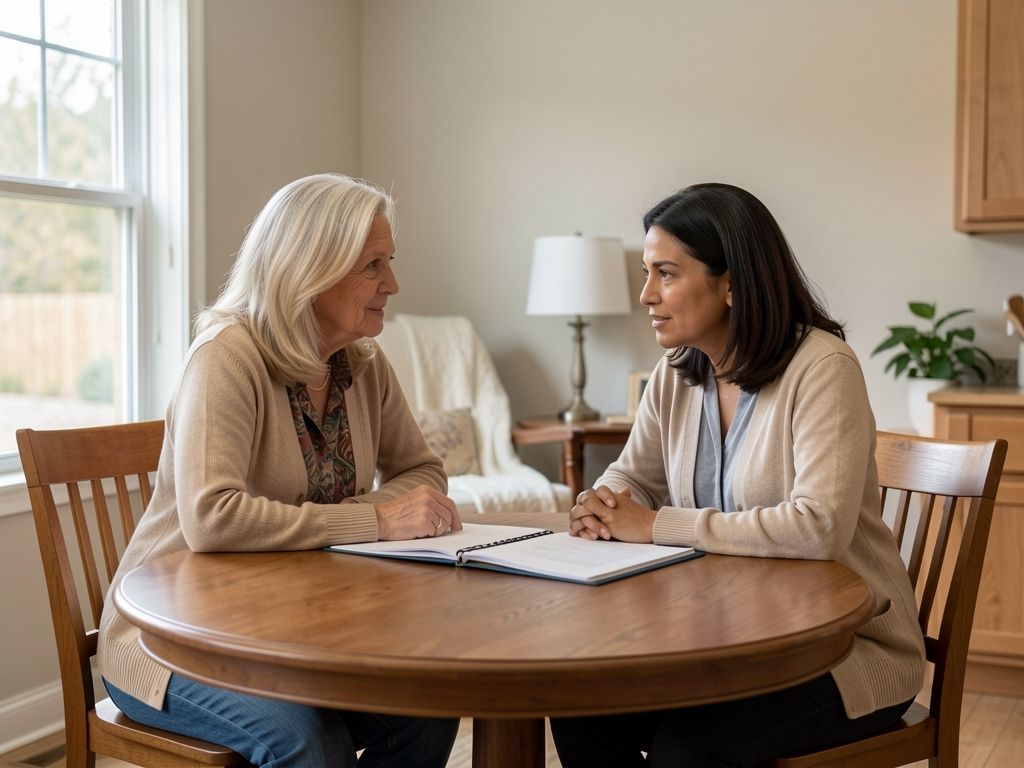 Two women talking at dining table with folder between them