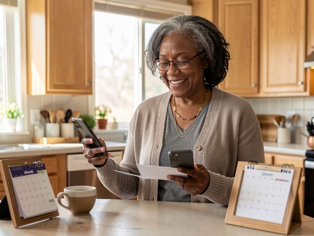 Black woman in kitchen holding checklist, confident expression after understanding Medicare enrollment timing
