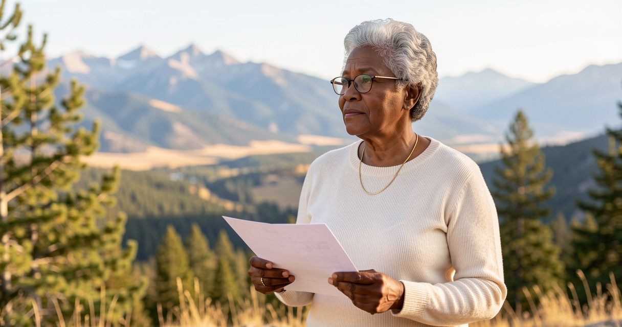 Woman outdoors at Colorado foothills overlook, holding an opened notice letter, gazing at mountain view.