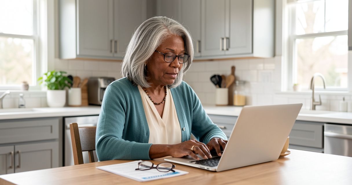 Senior woman reviewing Medicare Part D formulary on laptop at bright modern kitchen table with coffee
