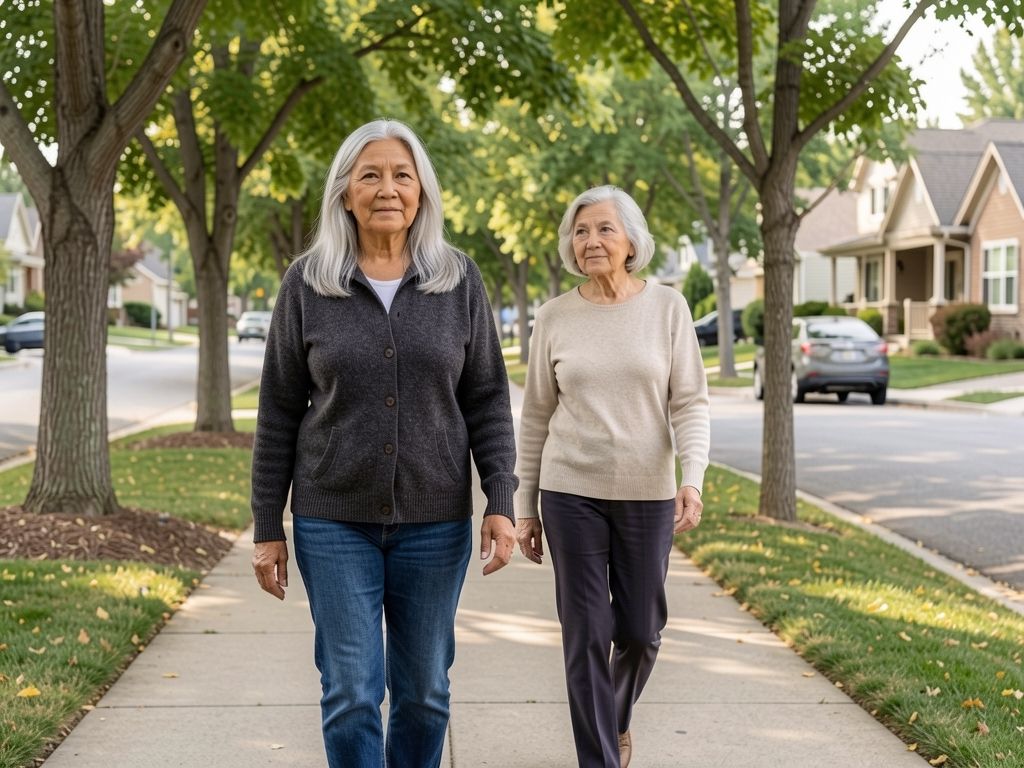 Two women walking together on a quiet tree-lined neighborhood street