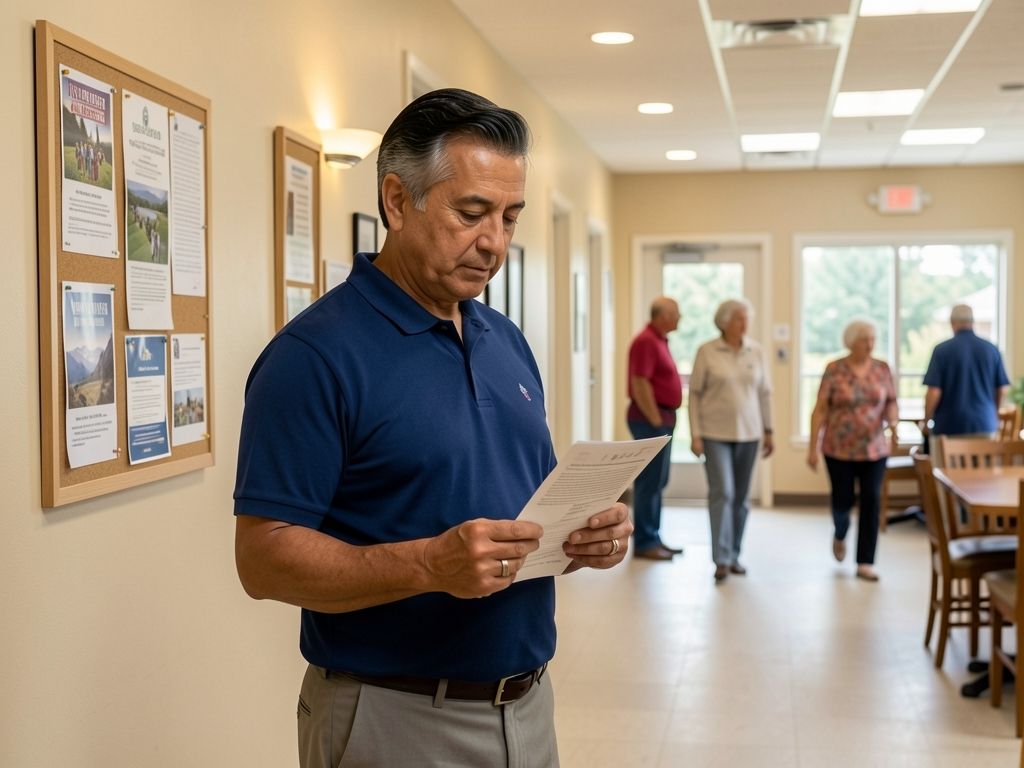 Senior man in community center hallway, reading a document with a thoughtful expression, natural light and community bul