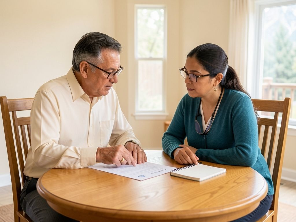 Father and adult daughter reviewing Medicare document together at round dining table, both leaning in.