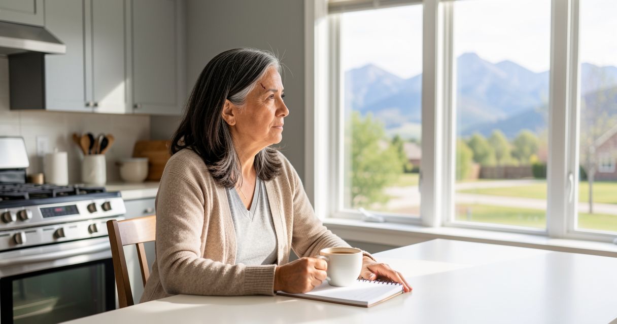 Woman at bright kitchen table looking out toward Colorado foothills, morning light, thoughtful expression