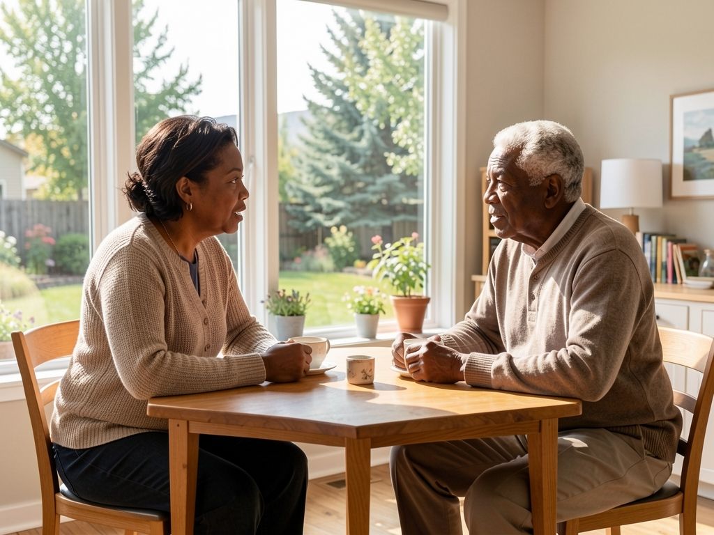 Two Black adults in conversation at a sunlit table, teacups nearby, relaxed and engaged.