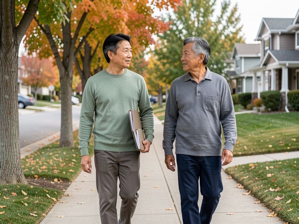 Two senior men walking and talking on neighborhood sidewalk, autumn day