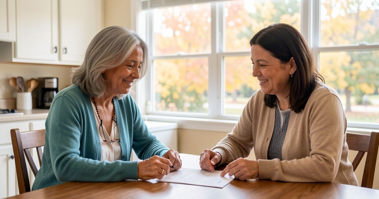 Two Latina women at a sunny kitchen table reviewing a document together.