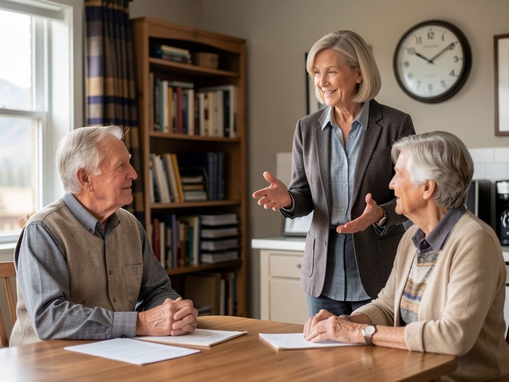 Medicare advisor in conversation with senior client, both appearing engaged and unhurried in a professional home setting