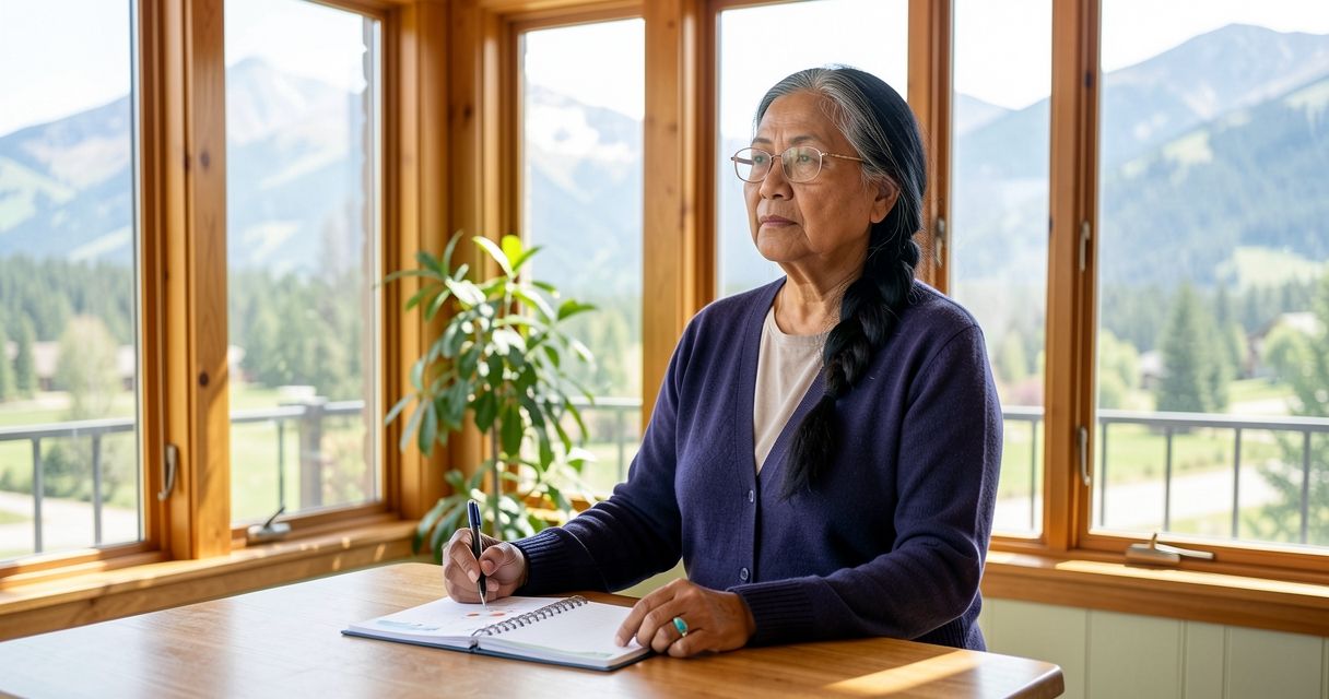 Woman in sunroom holding pen over open calendar, foothills visible through windows