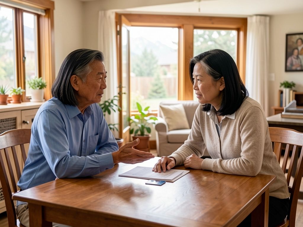 Senior man and adult daughter reviewing Medicare documents at dining table