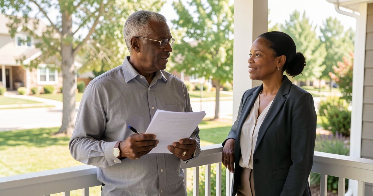 A man and his adult daughter on a sunny porch, reviewing paperwork together.