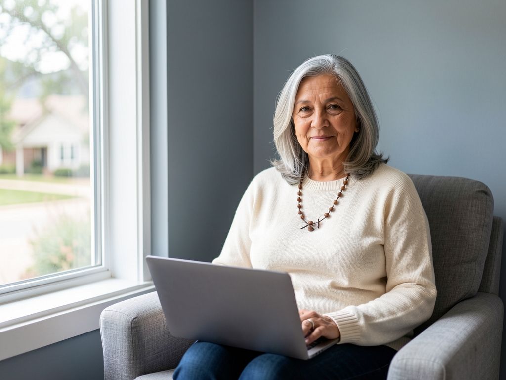 Older Latina woman in a bright window nook, using a laptop with reading glasses.