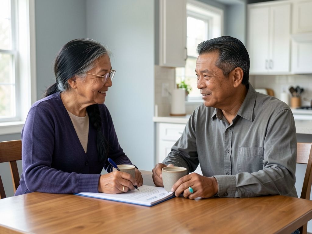 Woman and adult son at kitchen table reviewing document together, both engaged