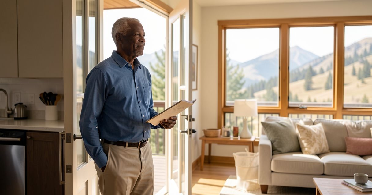Black senior man in casual shirt standing in new Colorado home, holding documents, looking out at mountain views