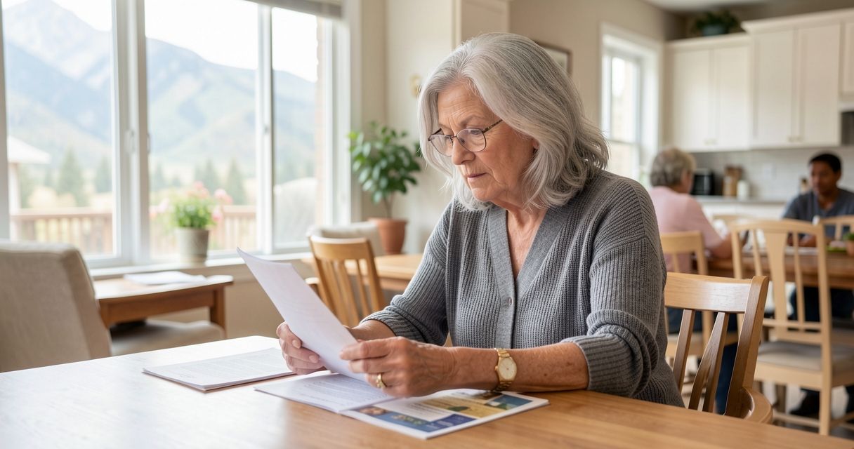 Woman reviewing Medicare documents at a sunlit dining table with mountain views.