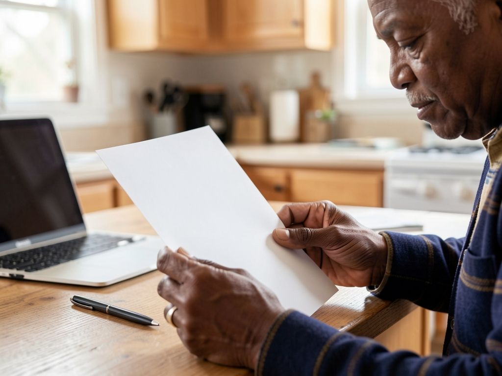 Senior man's hands reviewing Medicare documents at home, pen and laptop nearby