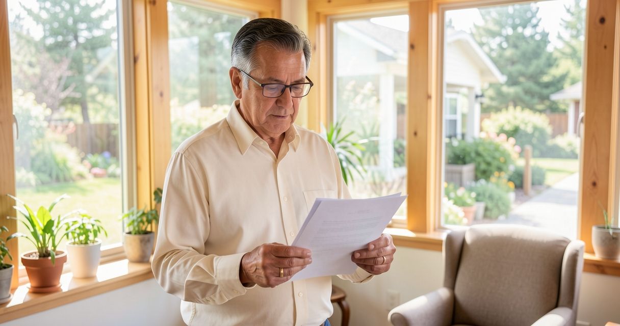 Latino man in sunroom reading a letter carefully, morning light on face, potted plants behind him.