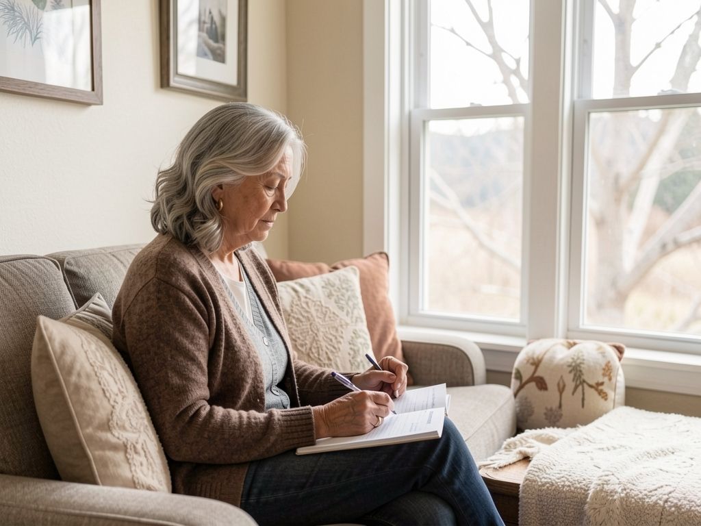 Latina woman writing doctor names in a sunny window nook, Medicare documents organized nearby