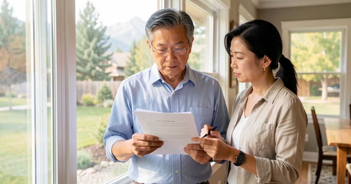 Older Asian man and adult daughter reviewing a document together in a bright sunroom with windows.