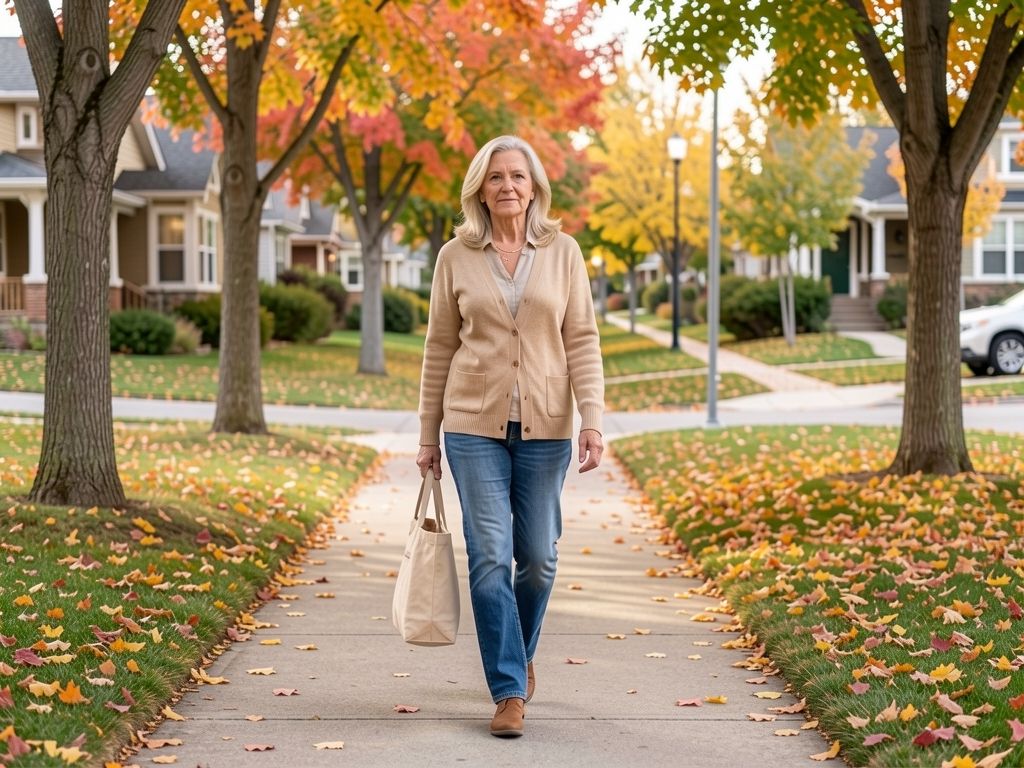 Woman walking on tree-lined neighborhood sidewalk in autumn