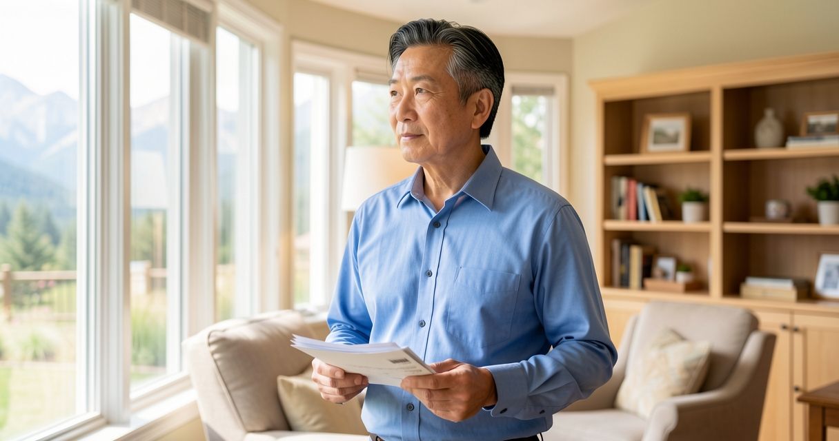 Senior man in sunroom holding documents, looking out toward Colorado foothills
