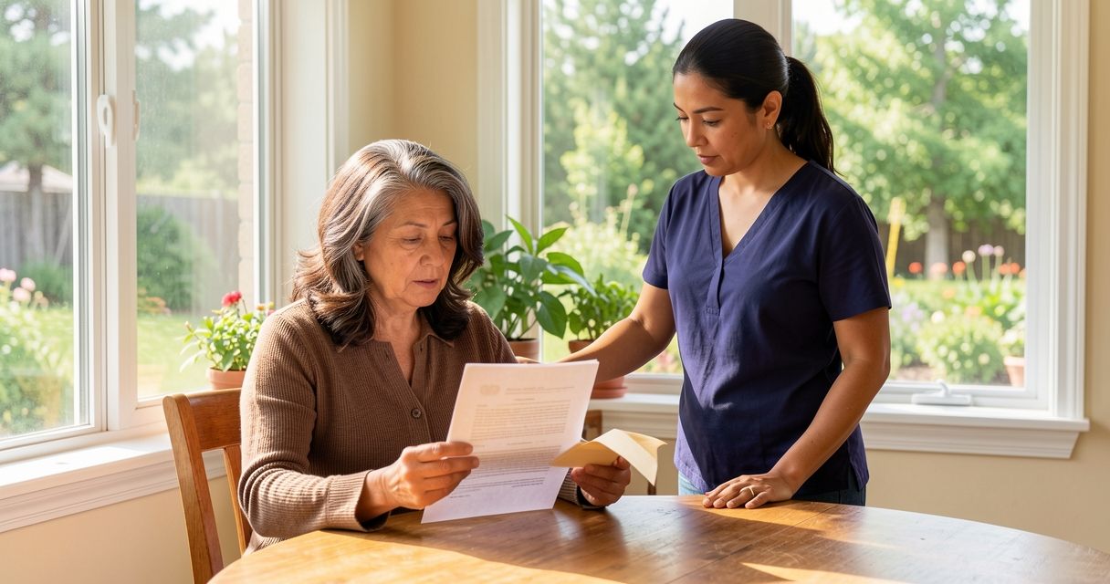 Latina woman and adult daughter reviewing documents at a sunlit table, daughter standing supportively beside her.