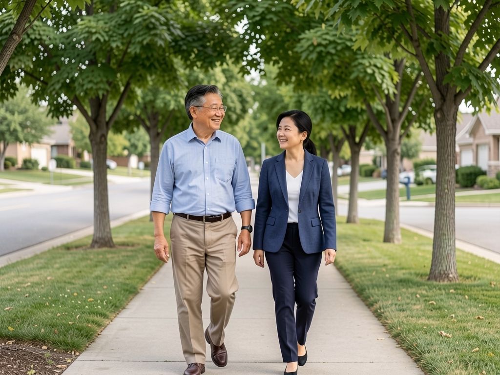 Older Asian man and adult daughter walking together on a tree-lined neighborhood street.