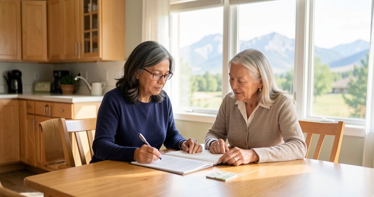 Two women reviewing Medicare documents together at a sunlit dining table with foothills visible through the window