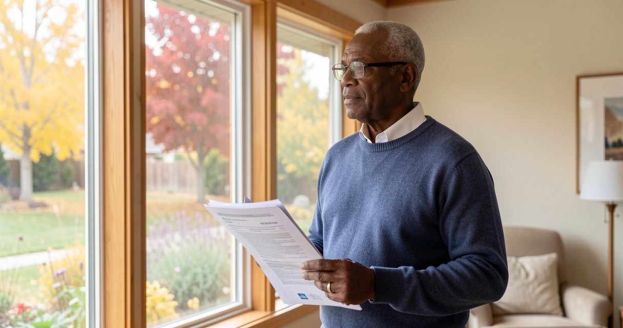 Older Black man holding Medicare documents in a sunlit Colorado home.