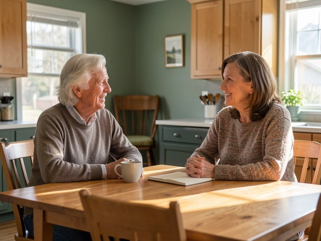 An older man and adult daughter sit at a dining table, talking together in a bright kitchen.
