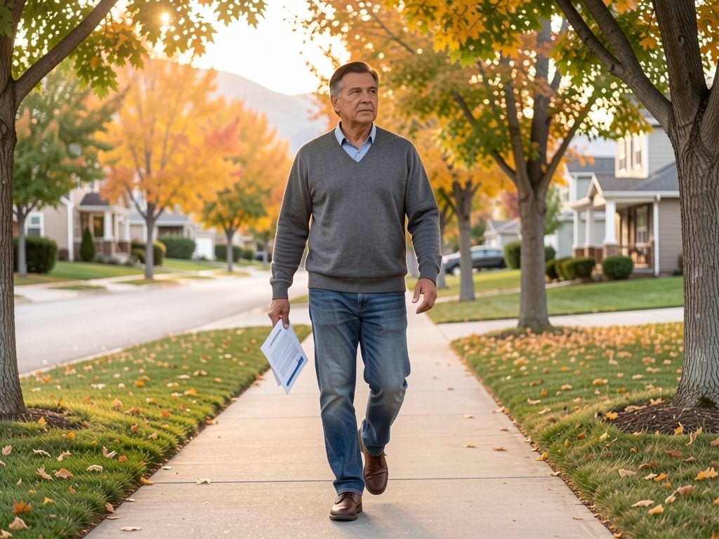 Man walking neighborhood sidewalk in afternoon light, document in hand, calm and purposeful.