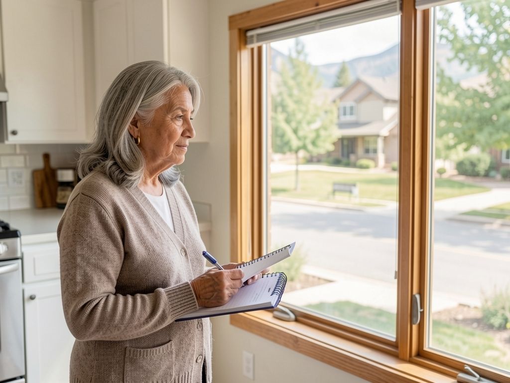 Woman in a sunroom looking out the window, holding a notebook