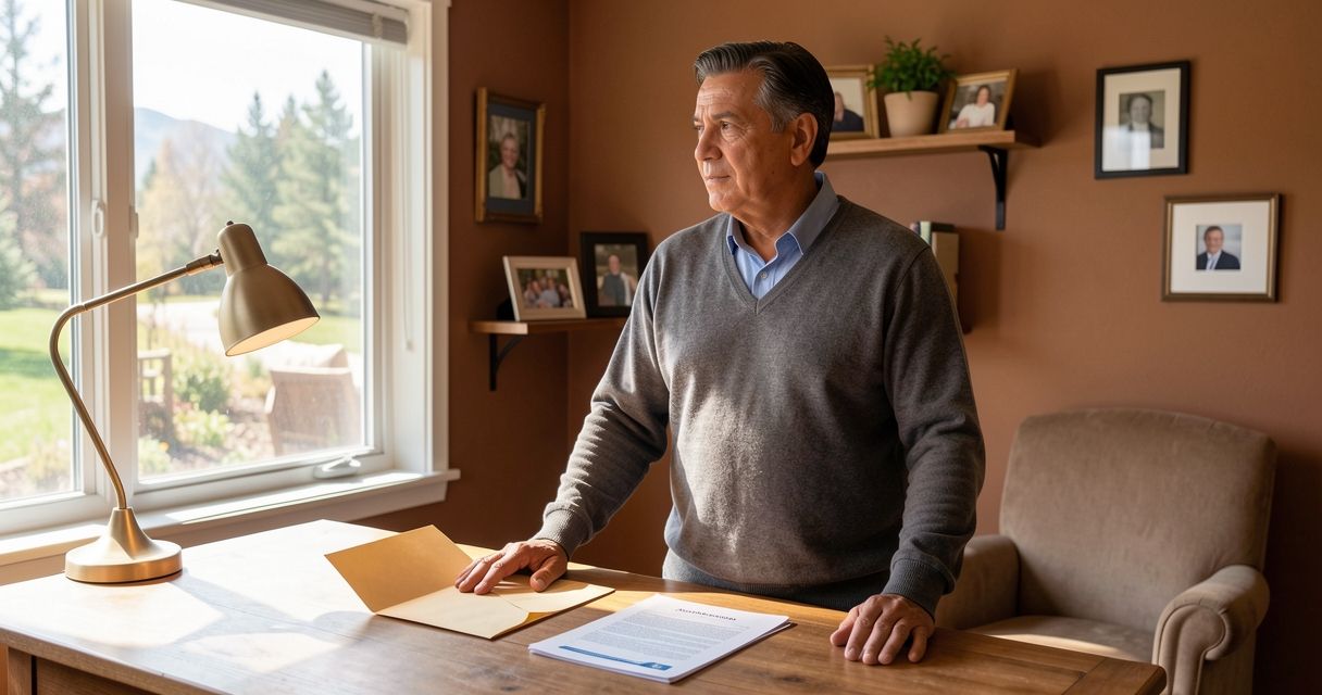 Man in sunlit home office, envelope and document on desk, contemplative gaze toward window.