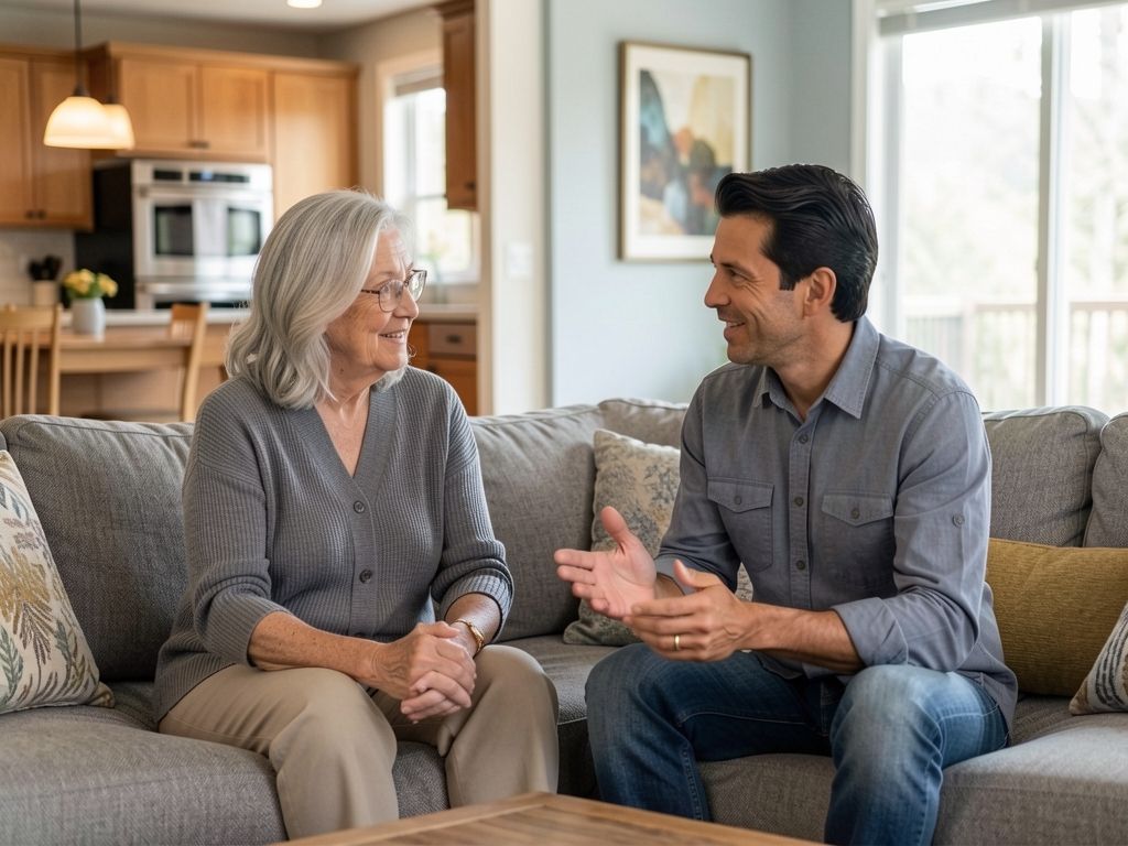 Woman and adult son discussing Medicare options on a sofa together.