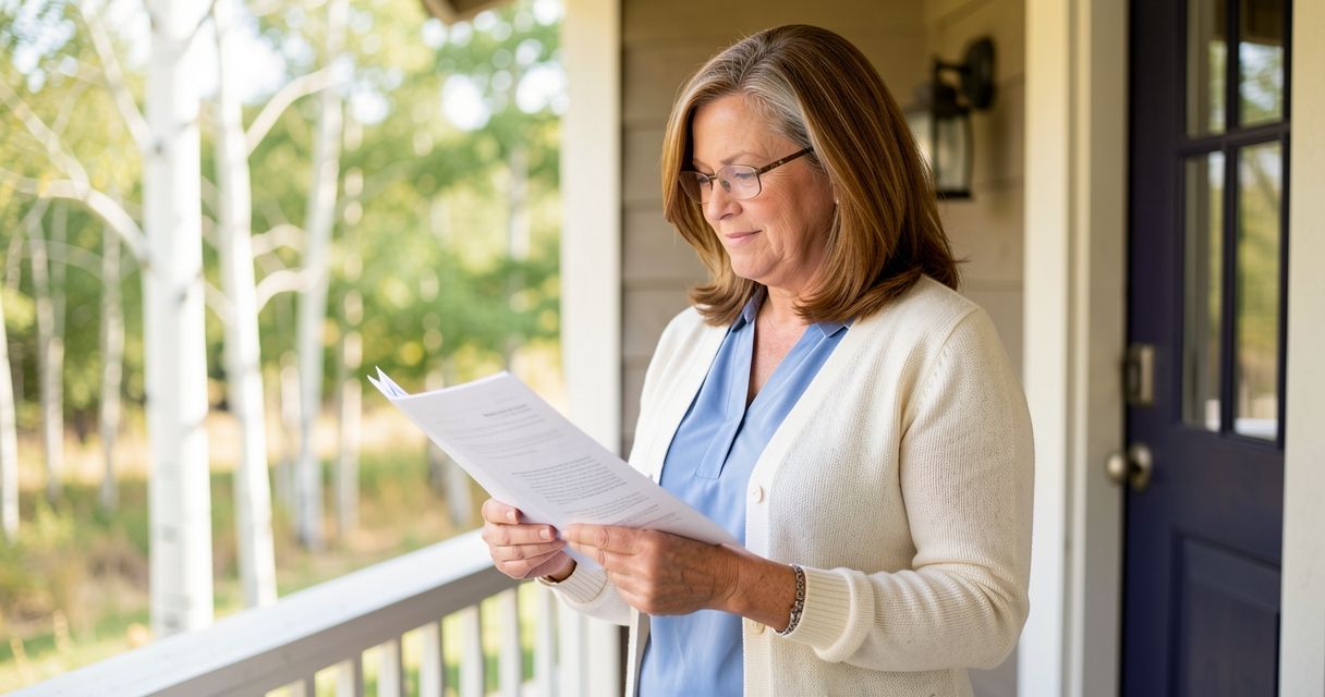 Woman on a sunny porch holding documents, ready to plan her early retirement.