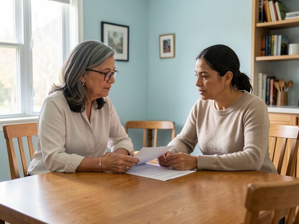 Two women at dining table reviewing document, pale blue room, natural conversation