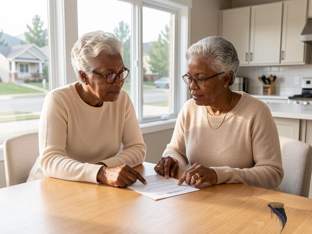 Two women at dining table reviewing insurance document together in bright, modern kitchen.