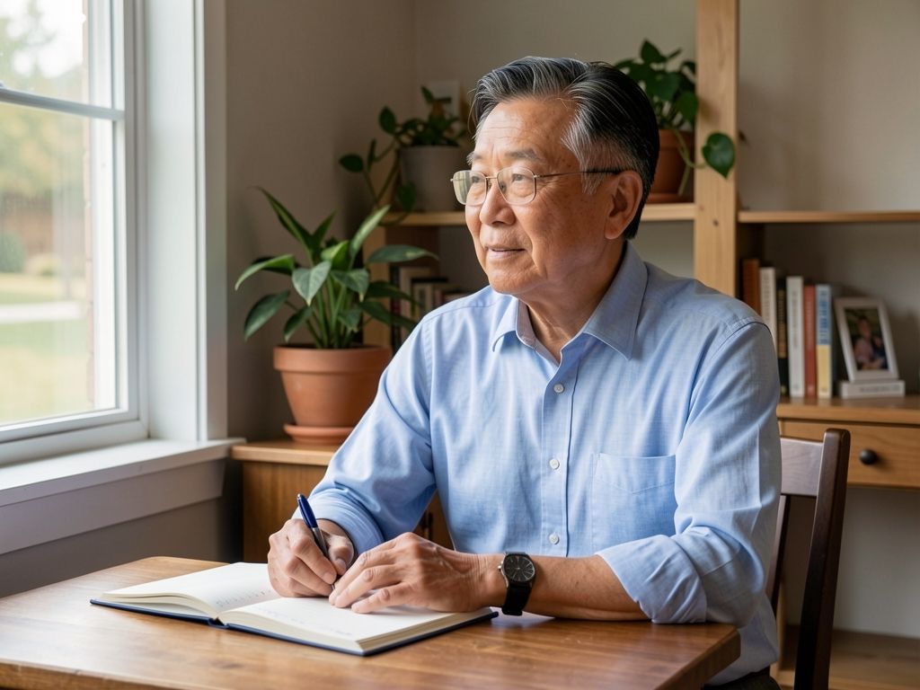 Older Asian man alone at a table with notebook, gazing out window in morning light.