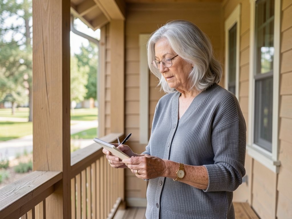 Woman on her home's porch reviewing notes about Medicare options.