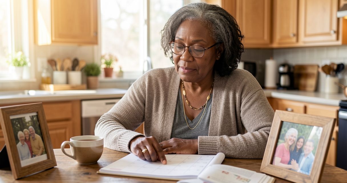 Black woman at kitchen table reviewing calendar, planning Medicare enrollment with warm natural light