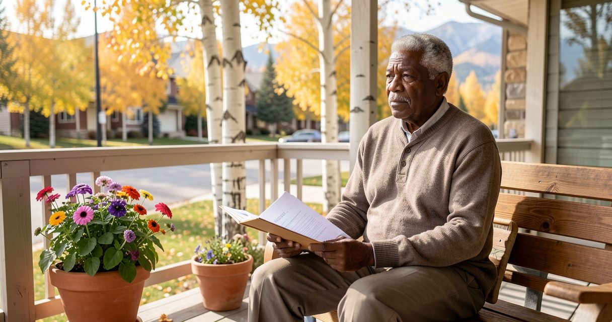 Older Black man on a front porch, holding papers, surrounded by autumn light and greenery.
