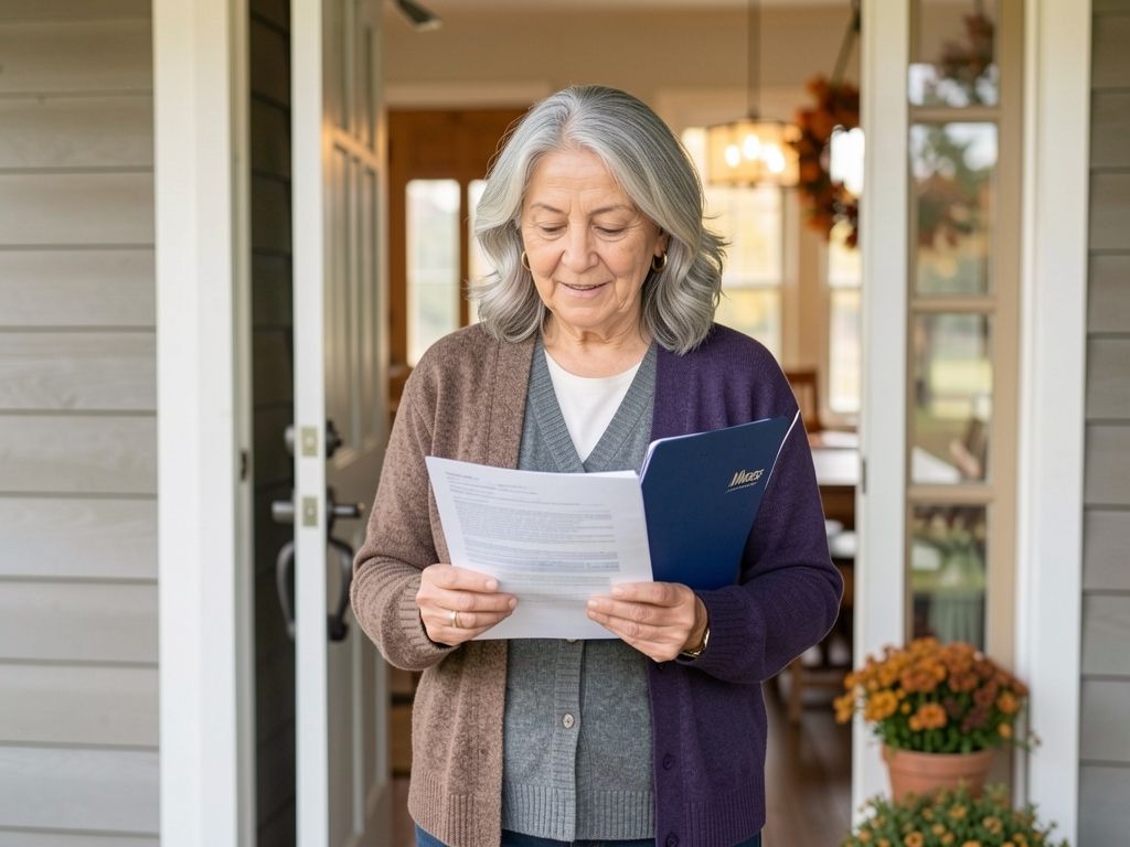 Latina woman on home porch reviewing Medicare card and documents in autumn light